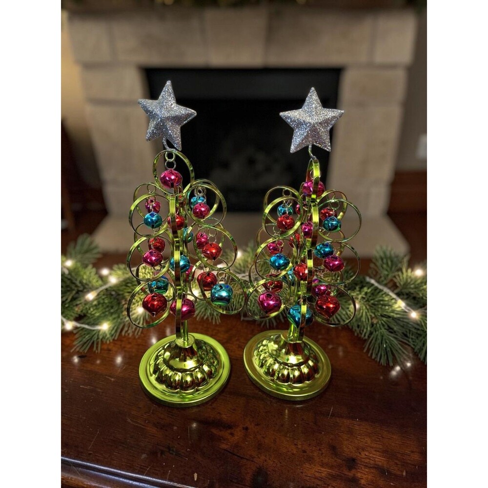 Set of 2 Metallic Spiral Christmas Trees with Star Toppers and Jingle Bells